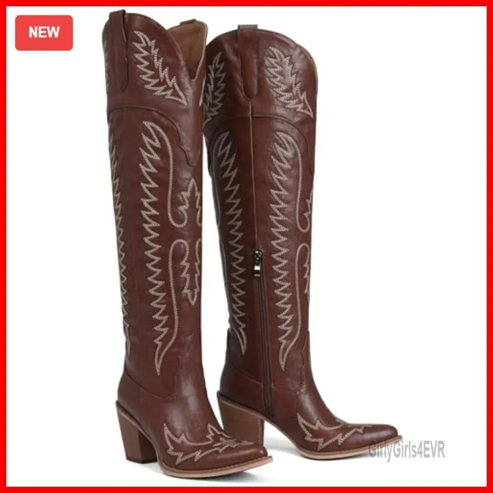 Leather Over-the-Knee Cowboy Boots with Chunky Heel Slip-On Zipper